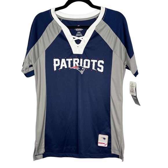 New Majestic Womens Medium New England Patriots Jersey Lace Up Neck Short Sleeve - Picture 1 of 11